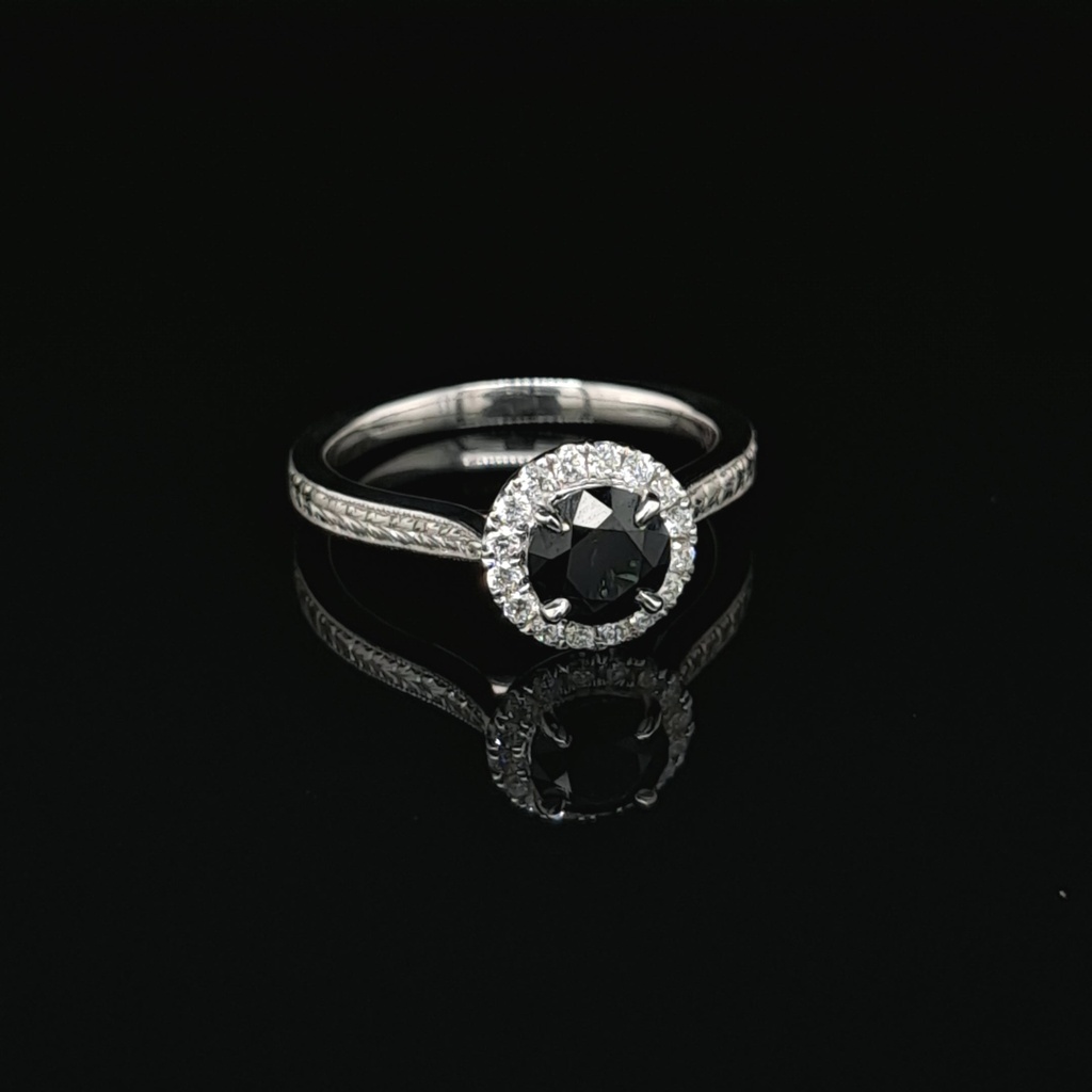 Australian Midnight-blue Sapphire & Diamond Ring with millgrain and hand engraving