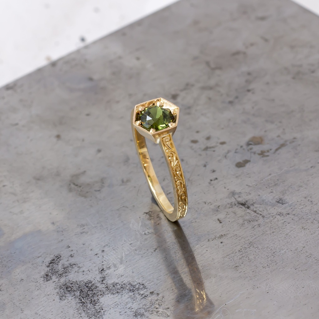 Hand Engraved Green Sapphire Ring