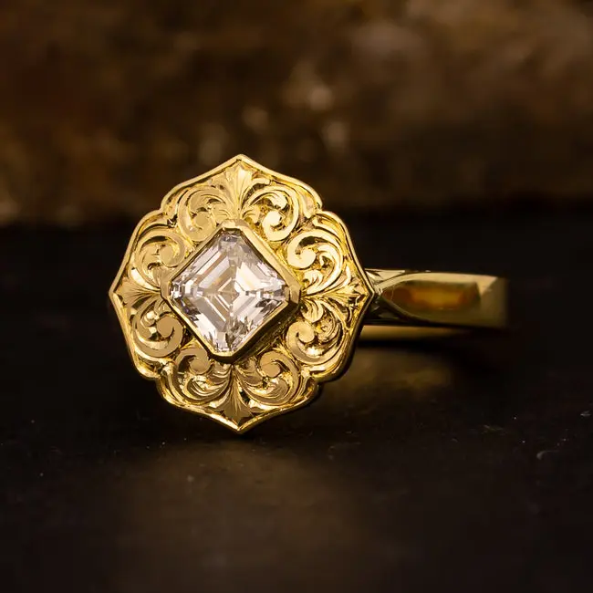 Flourish - 18ct yellow gold hand engraved ring with Asscher cut diamond