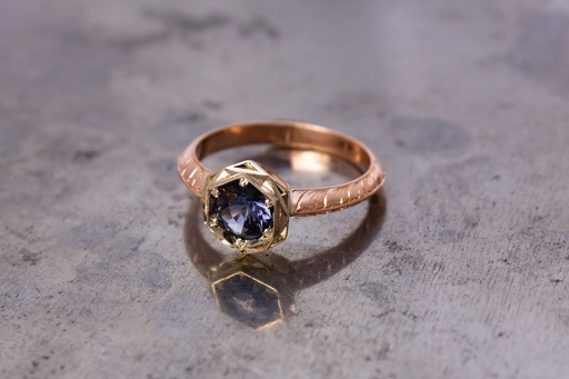 [R-042] Blue Spinel Hand Engraved Ring - 9ct White & Rose Gold